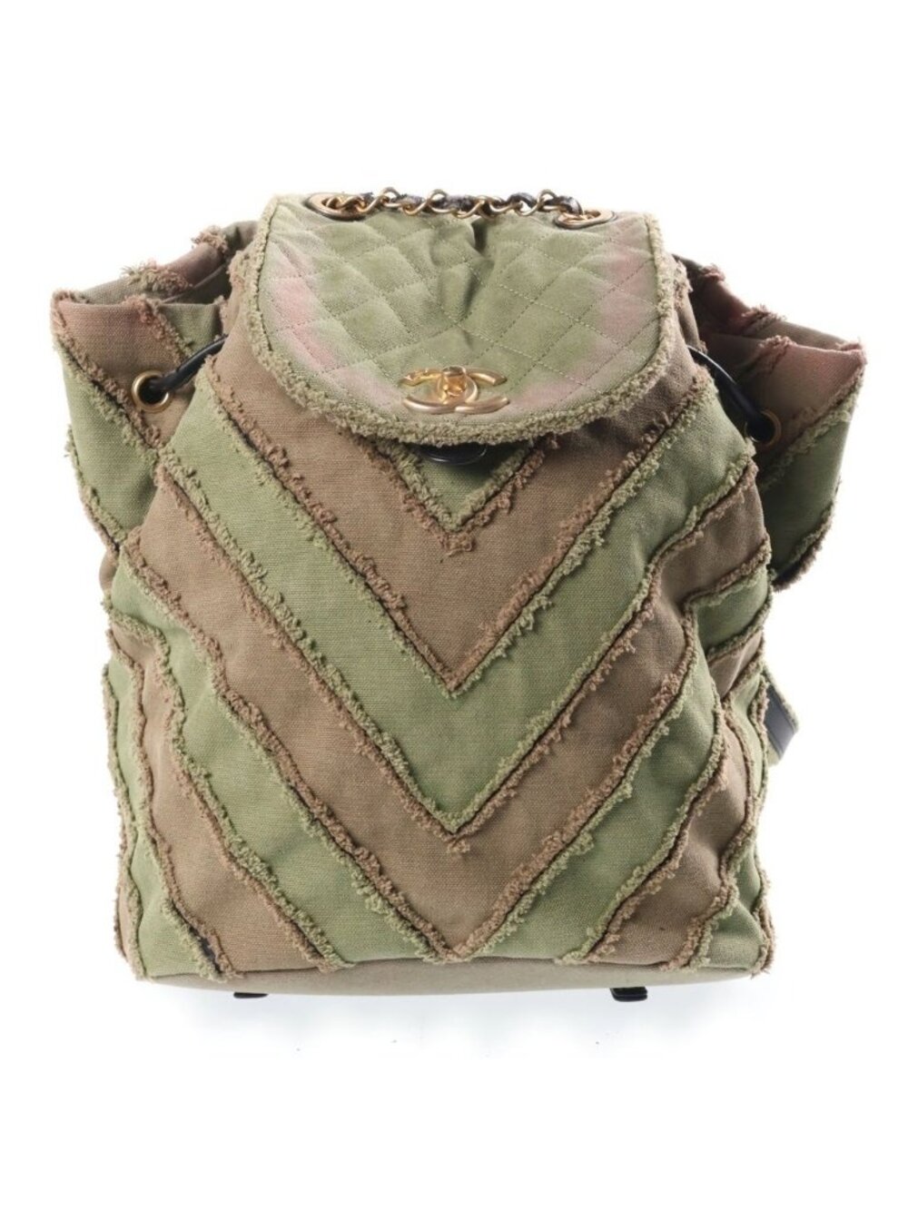 Chanel CC Logo Quilted Slash Quilt Canvas Chain Shoulder Backpack Gold Khaki